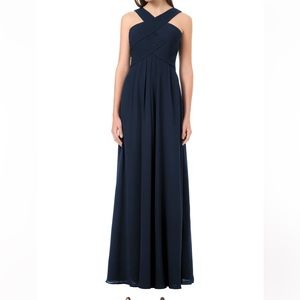 Bill Levkoff Navy Leighton Chiffon Halter A line bridesmaid dress size 14